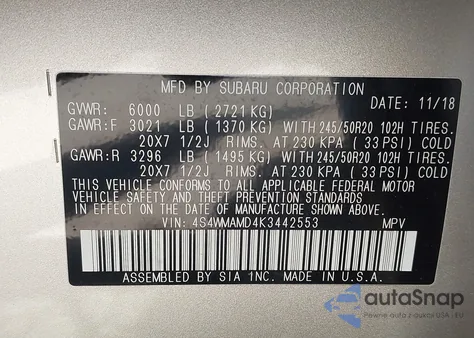 2019 Subaru Ascent Limited from USA, damaged, VIN 4S4WMAMD4K3442553